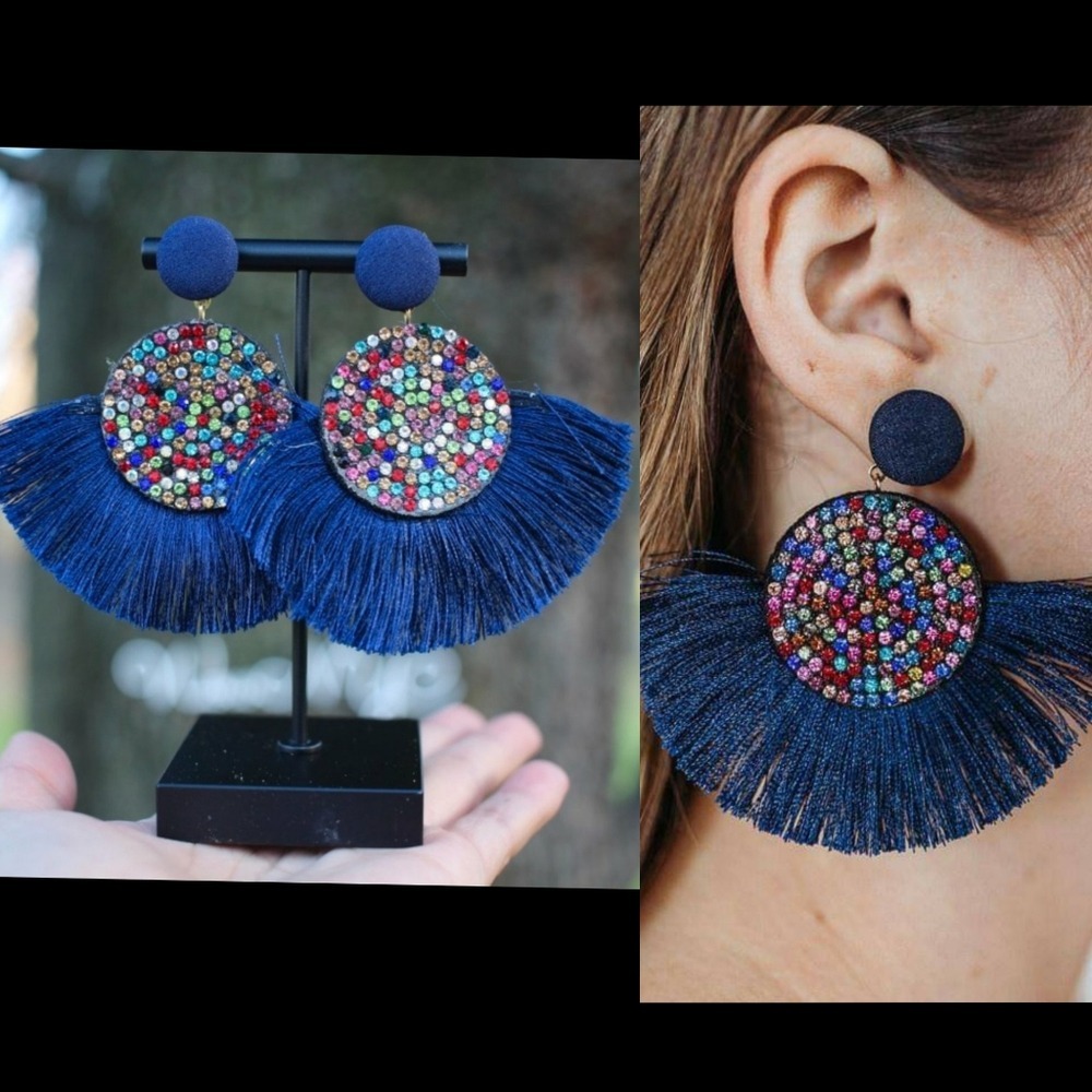 New Blue Fringe Sparkle Statement Dangle Earrings